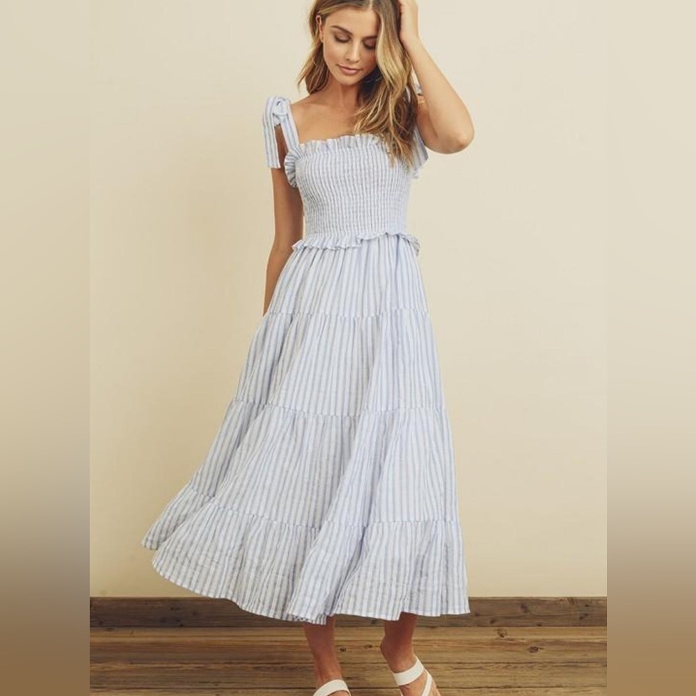 Dress Forum White and Blue Striped Textured Shoulder Tie Dress